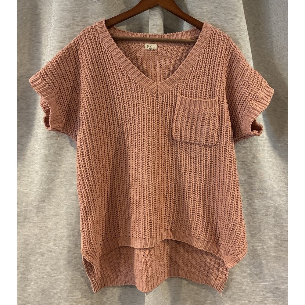 POL Sweater Womens Medium‎ Pink V-Neck Open Knit Long Sleeve